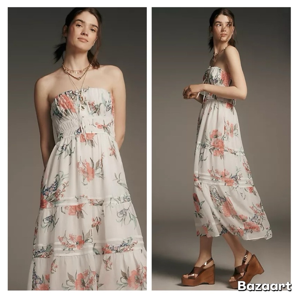 Anthropologie The Somerset Strapless Chiffon Midi Dress Ivory Floral Size M NWT